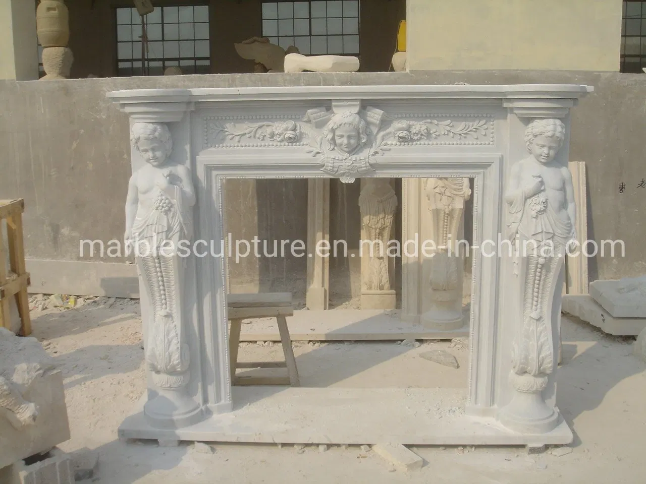 Natural Stone Factory Price Marble Fireplace with Carved Figures (SY-MF131)