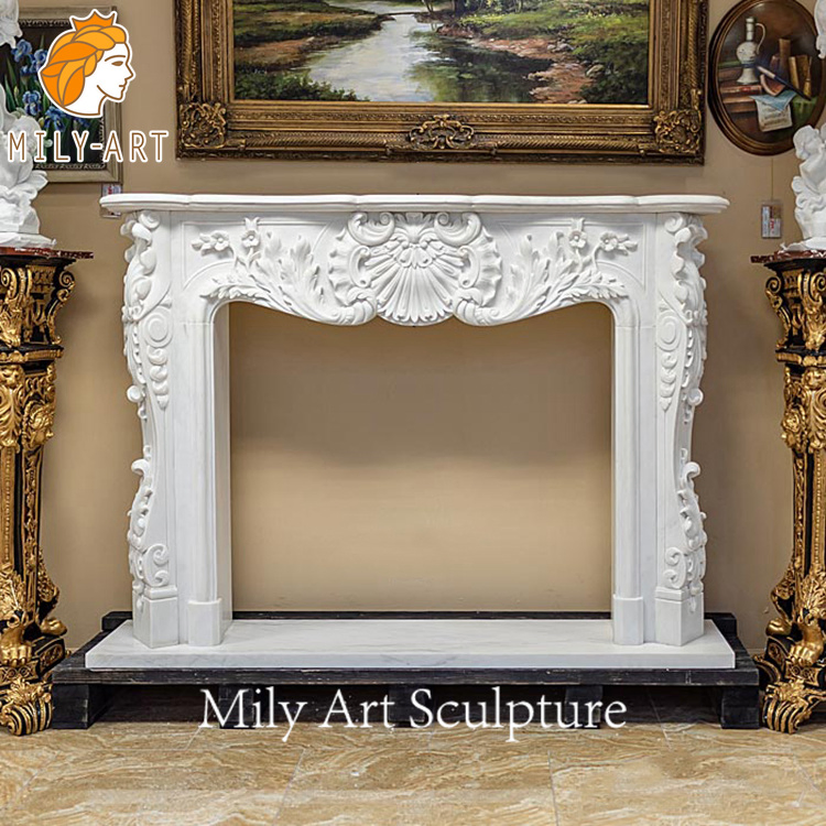 Traditional French Style Hand Carved Natural White Marble Fireplace Mantel