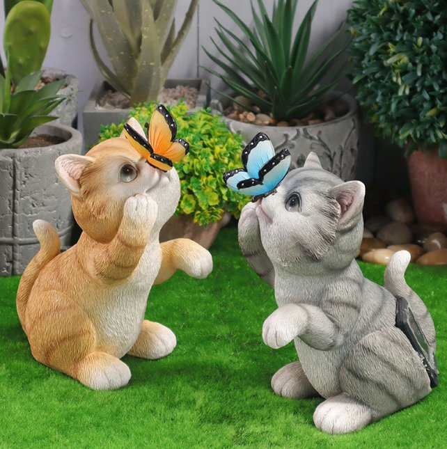 Solar Garden Statue Cute Cat Figurine Fun Color Changing LED Butterfly Light