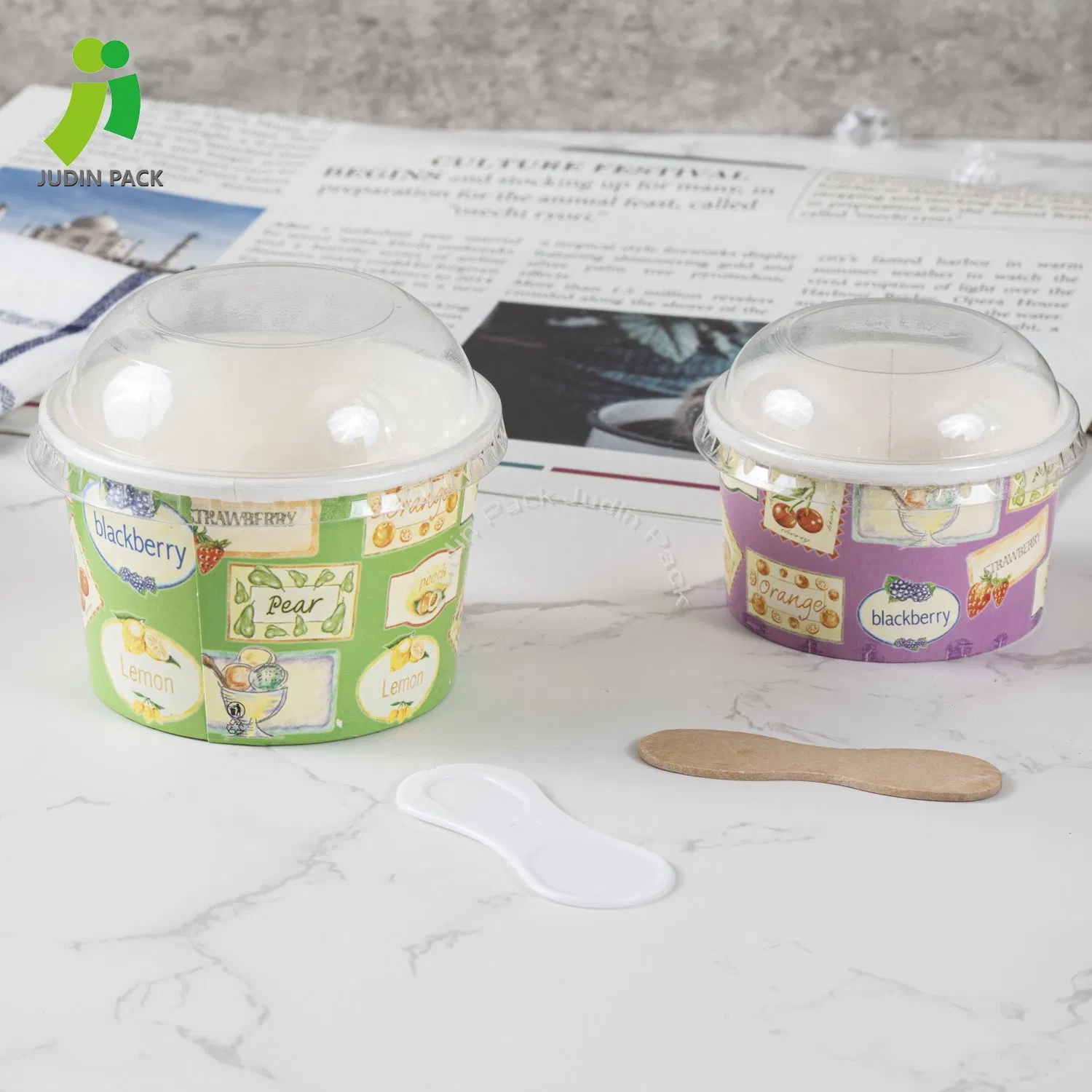 Disposable Yogurt Ice Cream Paper Tubs with Spoon Lid-Disposable Dessert Bowls for Hot or Cold Food