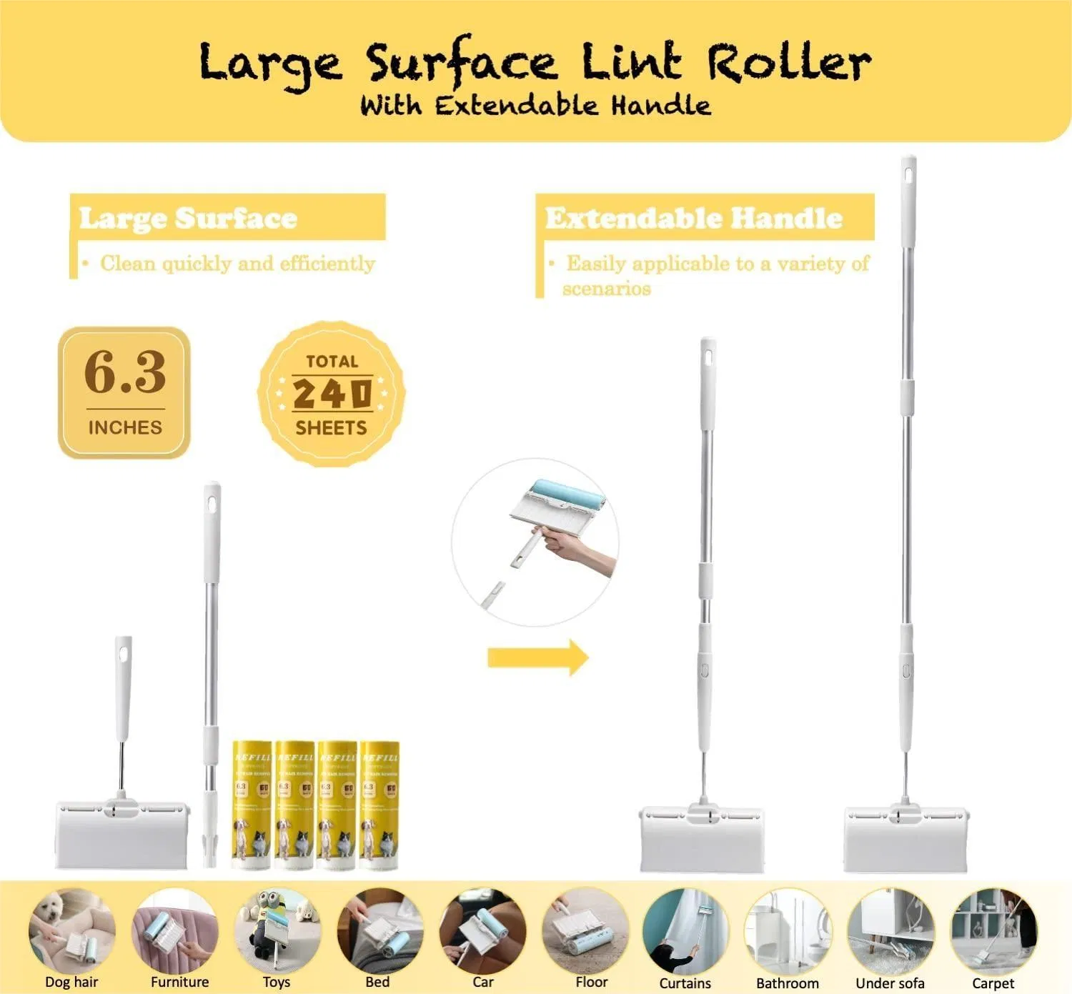 Extendable-Handle Dust-Proof Sticky Mop 6.3'' Wider 240 Sheets Large Surface Lint Roller