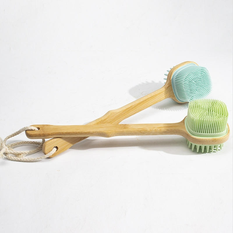 Long Handle Message 2 in 1 Exfoliating Soft Silicone Shower Brush Body Scrubber with Soft Bristles, Detachable Bamboo Handle