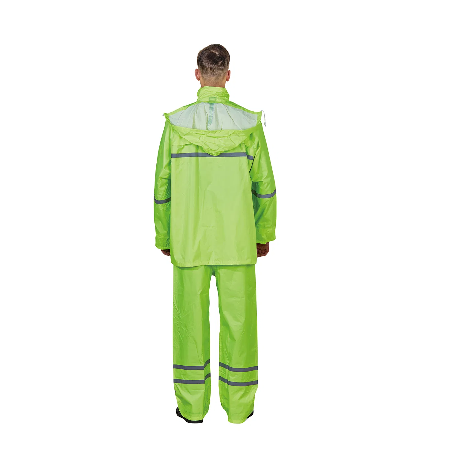 R015 Waterproof Chemical Resistant Rubberized Hooded Working Raincoat Two Pieces High Visibility Reflective Tape Polyester PVC Rainsuit Roadside Safety Jackets