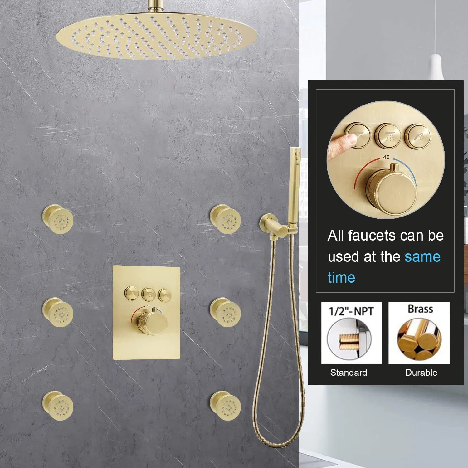 Luxury Brushed Gold Rainfall Concealed Shower System - 12 Inch Wall Mount Round Rain Faucet Set with Handheld Spray and Jets Combo, Thermostatic Brass Valve