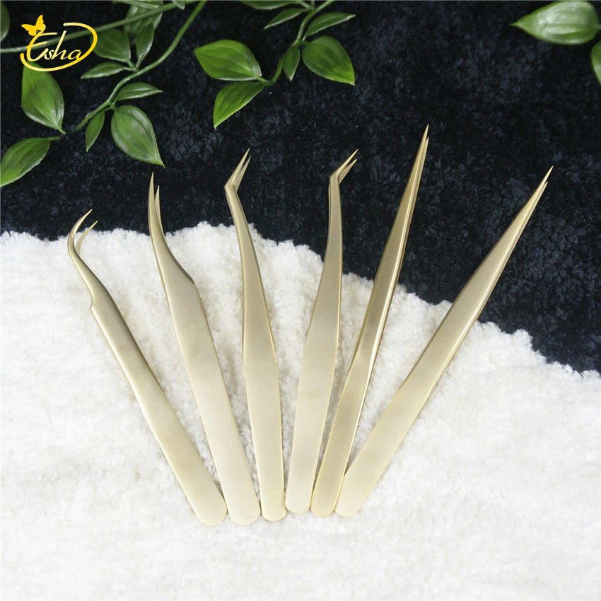 Custom Gold Hair Lash Eyebrow Extension Stainless Steel Tweezers Kit Pointed Surgical Eyelash Tweezer
