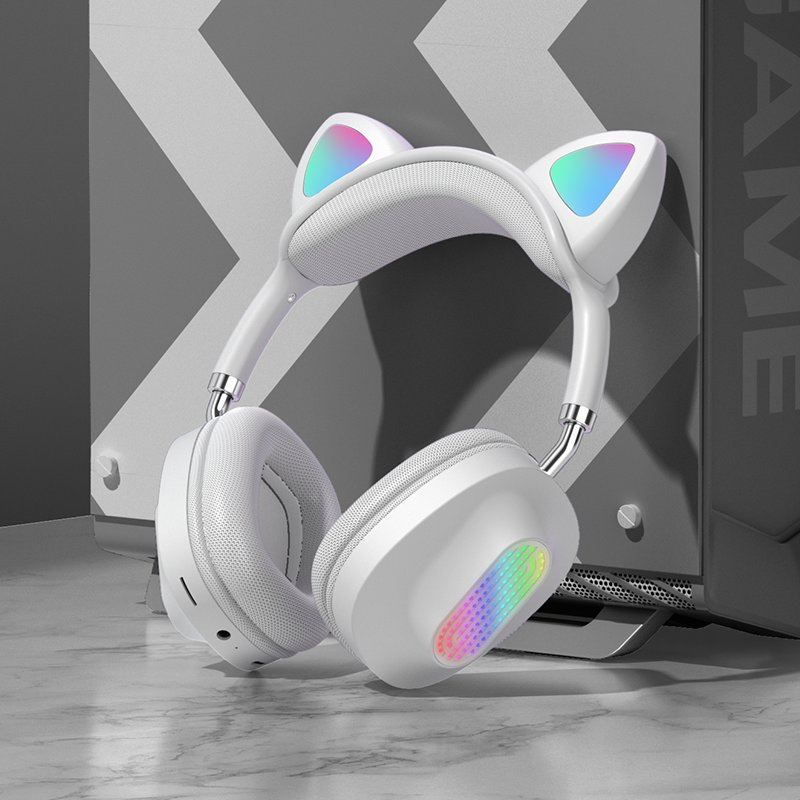 Cute Cat-Ears Shape Headband HiFi Wireless Bluetooth Headset TF Card Computer Mobile Game Headphone with RGB Light