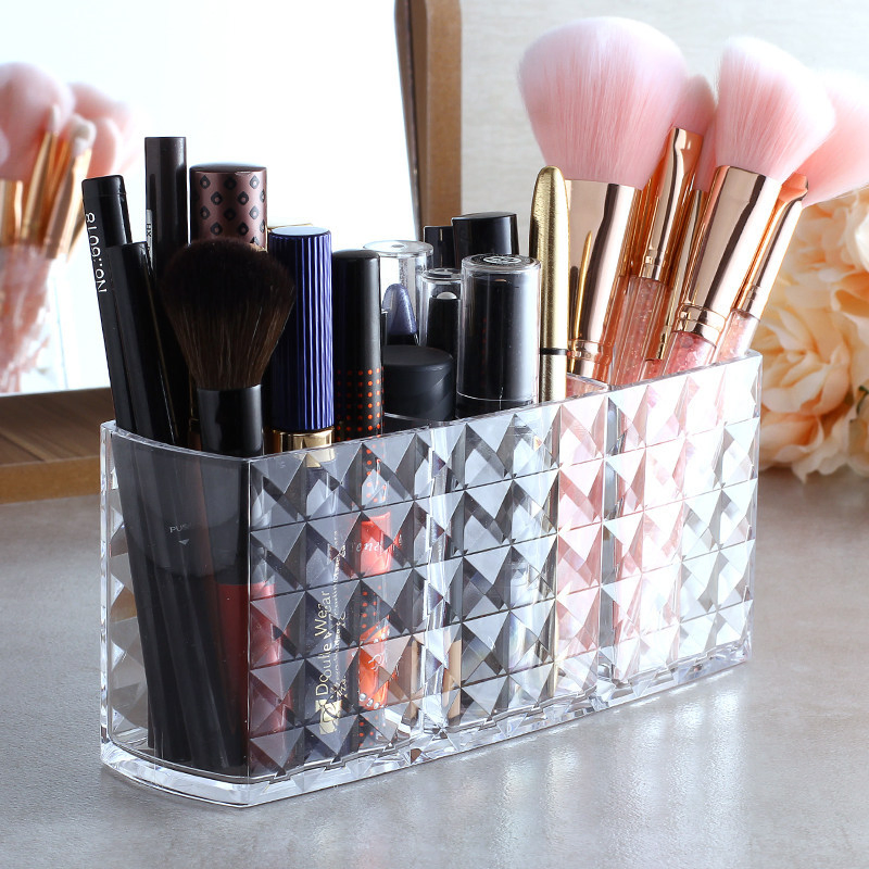 Clear Diamond Pattern 3 Section Cosmetic Make up Brush Holder Organizer