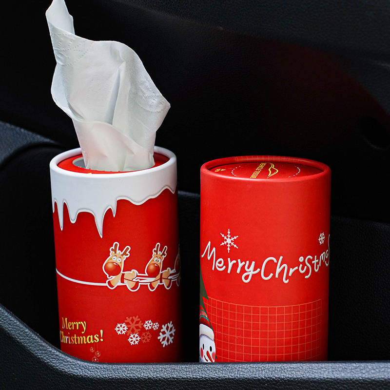 Christmas Design Eco-Friendly Disposable Cylinder Tissue Box Quality Soft Car Facial Tissues