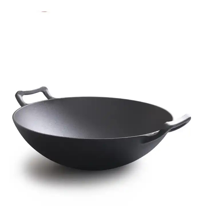 Factory Outlet Price Deep Frying Pan Pre-Seasoned Cast Iron Wok with 2 Handled and Wooden Lid