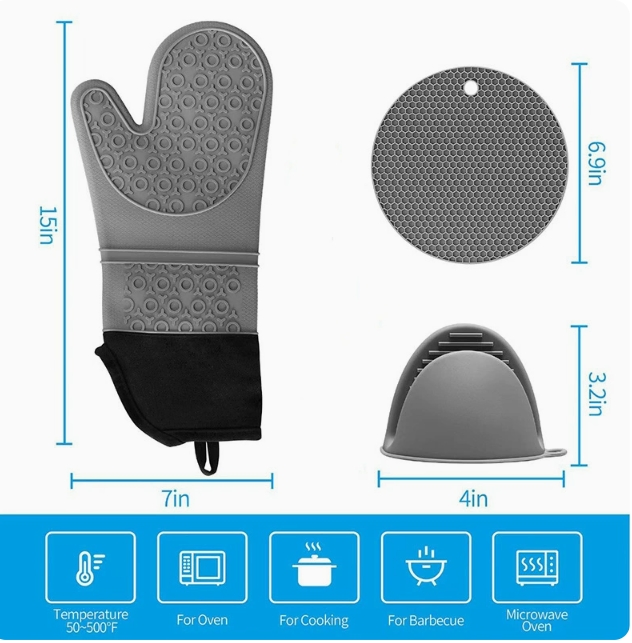 Silicone Oven Mitts and Pot Holders, 6-Piece Set, Heavy Duty Cooking Gloves