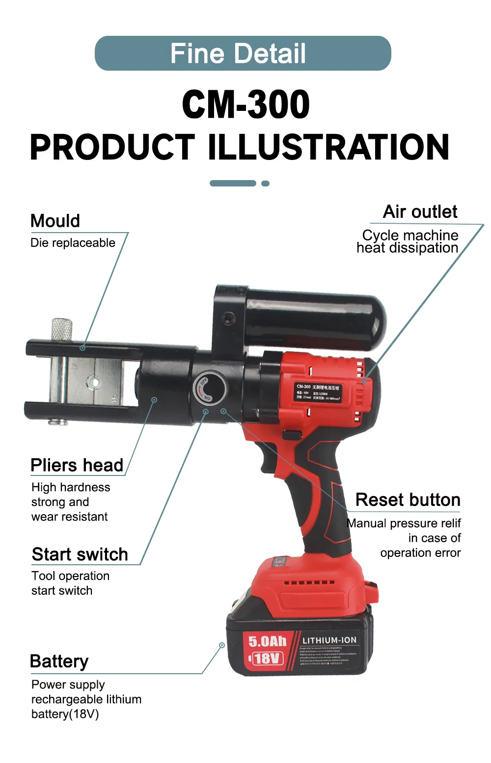 Special Price Cm-300 Battery Crimper for Cable Lugs Powered Hydraulic Crimping Tool
