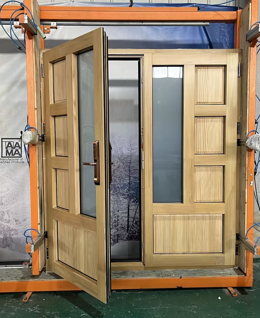 Penjoy Soundproof Energy Efficient Aluminum Clad Wooden Door Exterior Tempered Glass Door