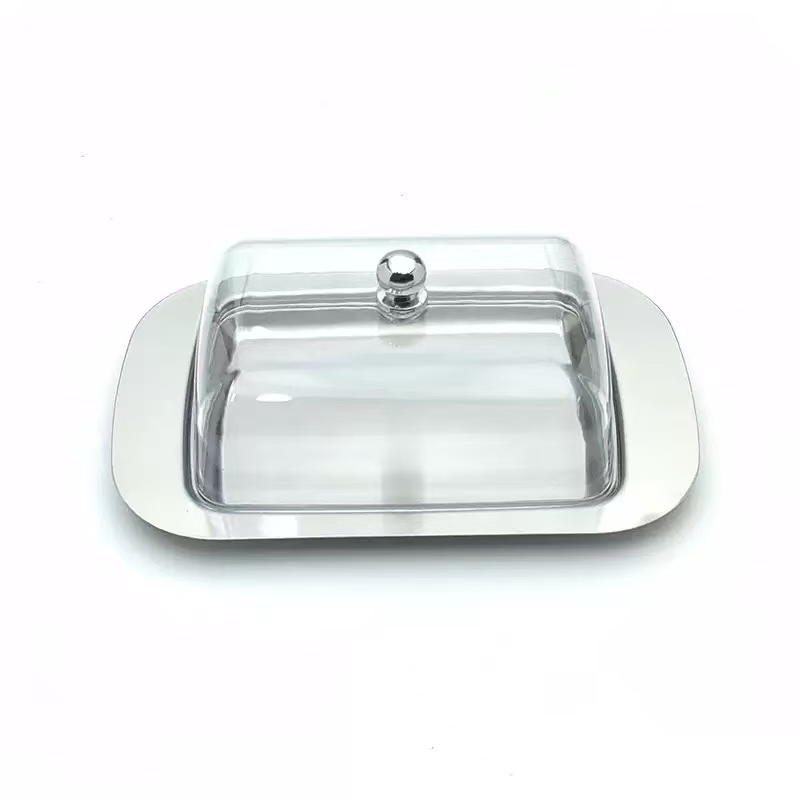 Commercial Kitchenware Food-Grade Stainless Steel Western-Style Cheese and Butter Dish with Plastic Lid
