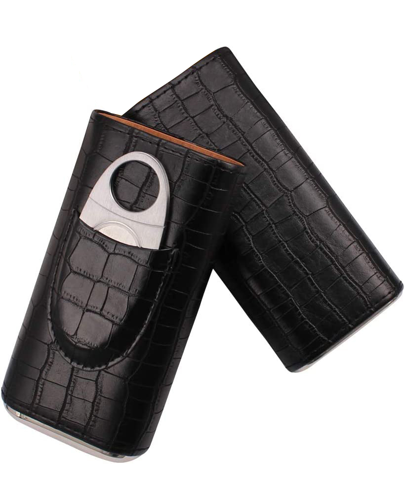 Classic Black Black Leather Cigar Case Pouch with Cedar Wood Lined in Gift Box