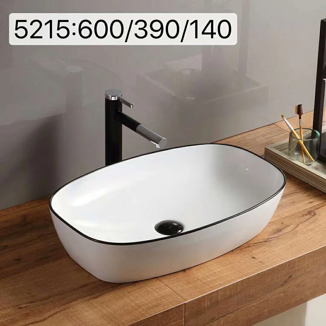 5215 Oval Shape White with Black Line Decal Counter Washbasin, Vanity Top Basin