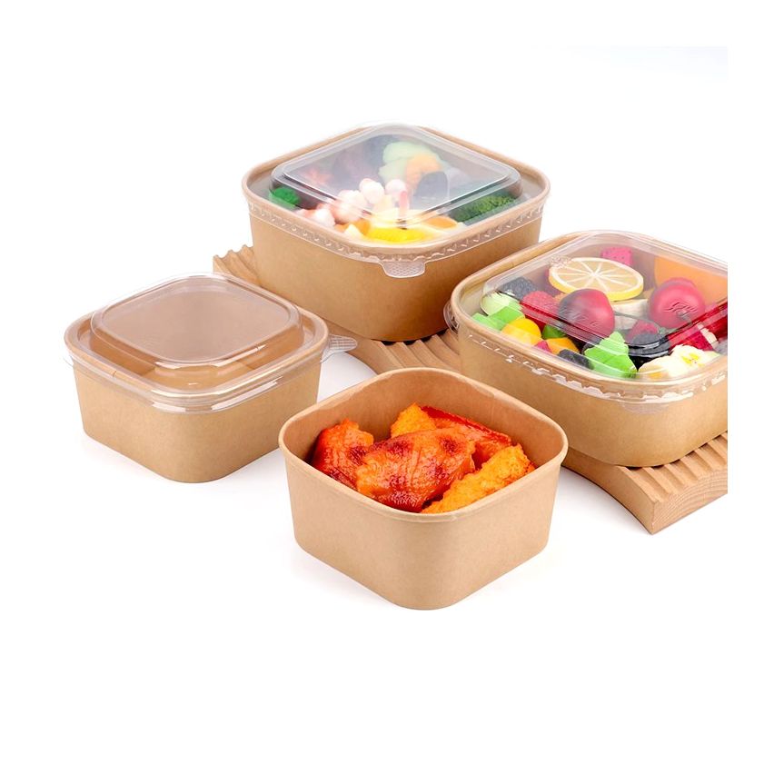 Disposable Oil Resistant Rectangular Square Soup Containers 1000ml Round Food Grade Custom Logo Printed Kraft Salad Paper Bowl with Lid