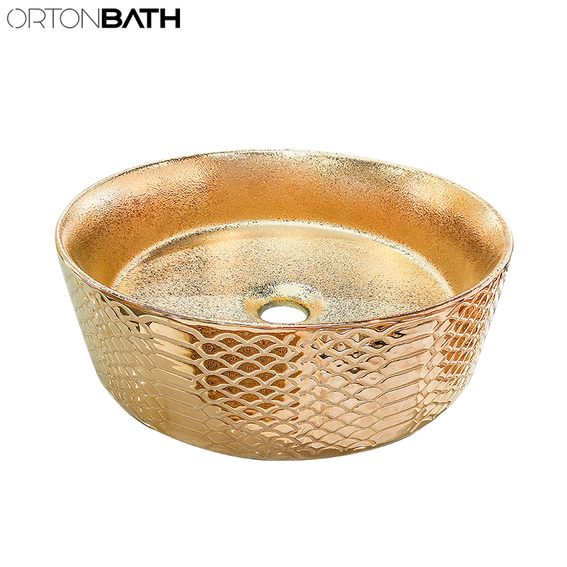 Ortonbath Middle East White Gold Round Bathroom Vessel Sink Art Hair Ceramic Salon Wash Basins Ceramic Wash Hand Basin with White Inner