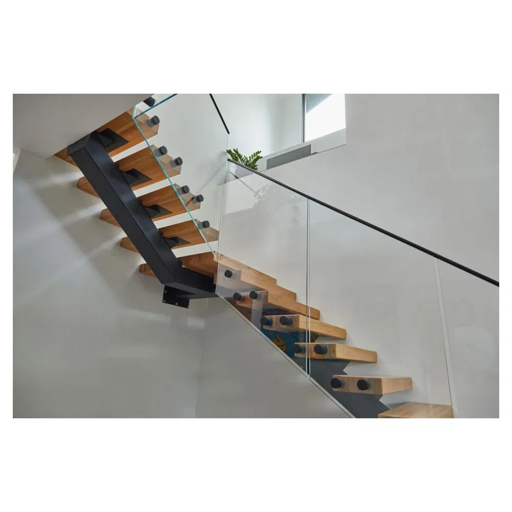 Tempered Galss Railing Stair Design Straight Single Stringer Steel Wood Staircase