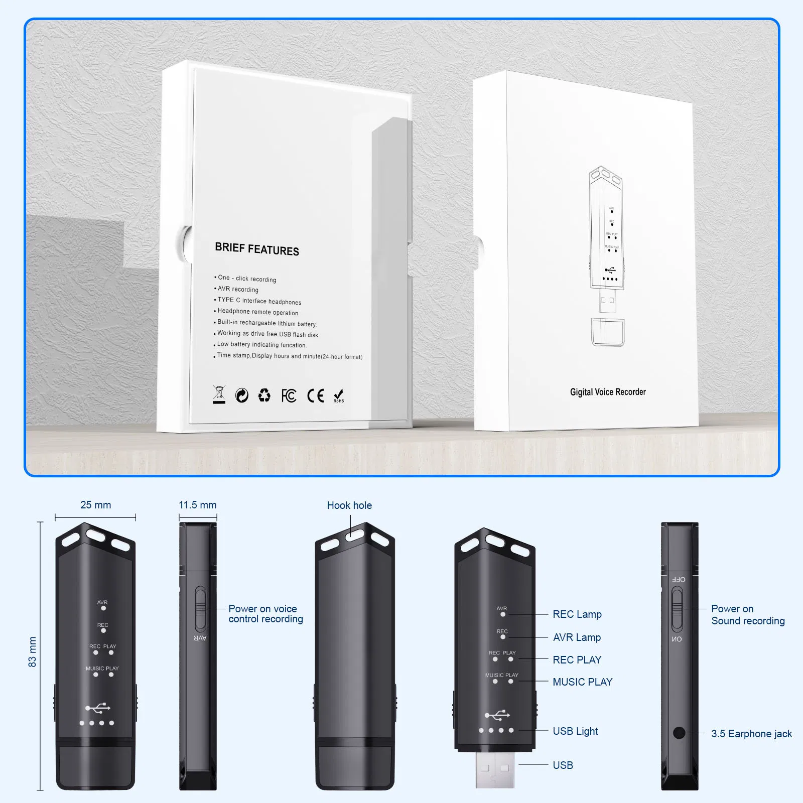 Цифровой диктофон USB с функцией воспроизведения