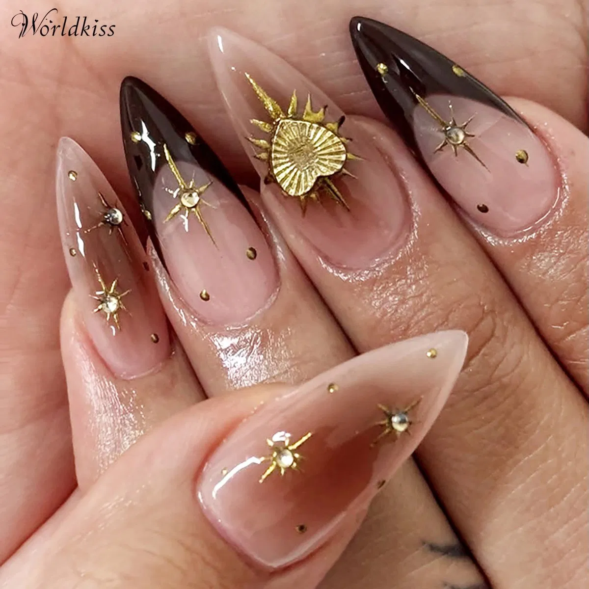 Luxury Black French Gradient Sunflower Long Full Cover ABS Presson False Nails
