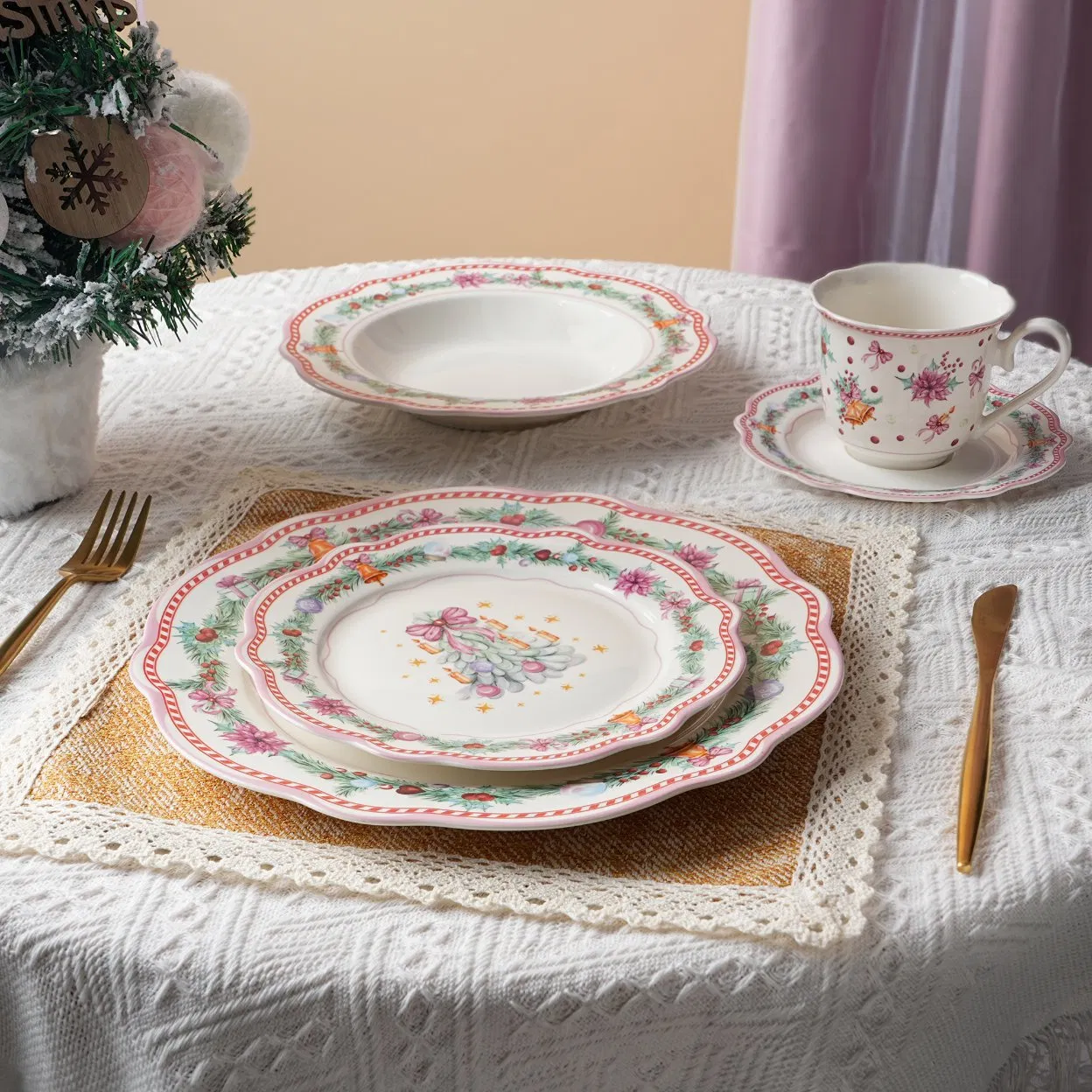 20PCS Christmas Day Jingle Bell Ceramic Dinner Plate Tableware Porcelain Dinnerware Set