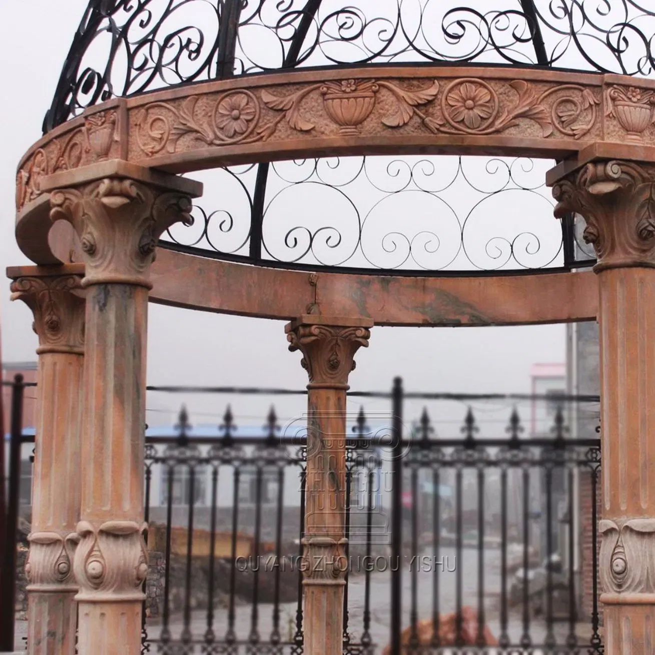 Sunset Red Garden Decoration Marble Gazebo Sculpture with Corinthian Columns