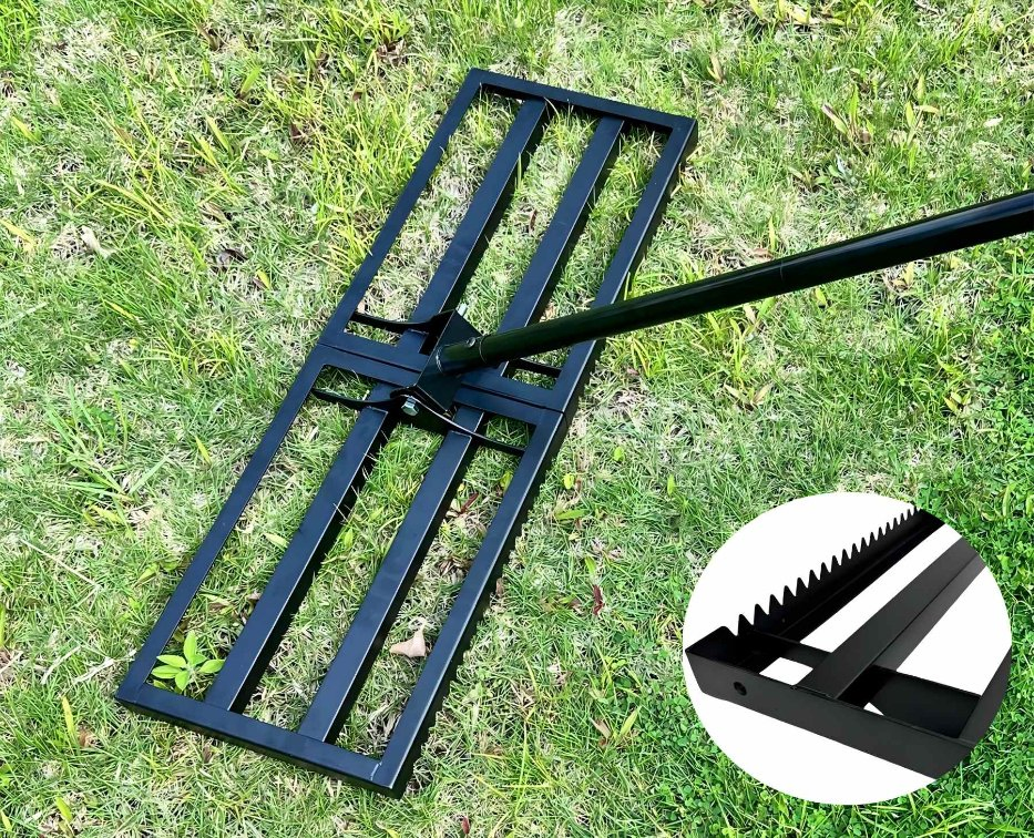 Steel Lawn Leveling Rake with Tines - Adjustable Handle Leveler for Backyards & Fileds