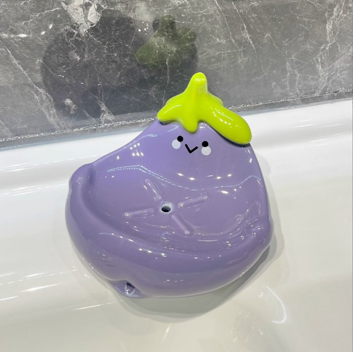 Eggplant Ceramic Soap Dish Drainable Soap Holder for Bathroom Sink,