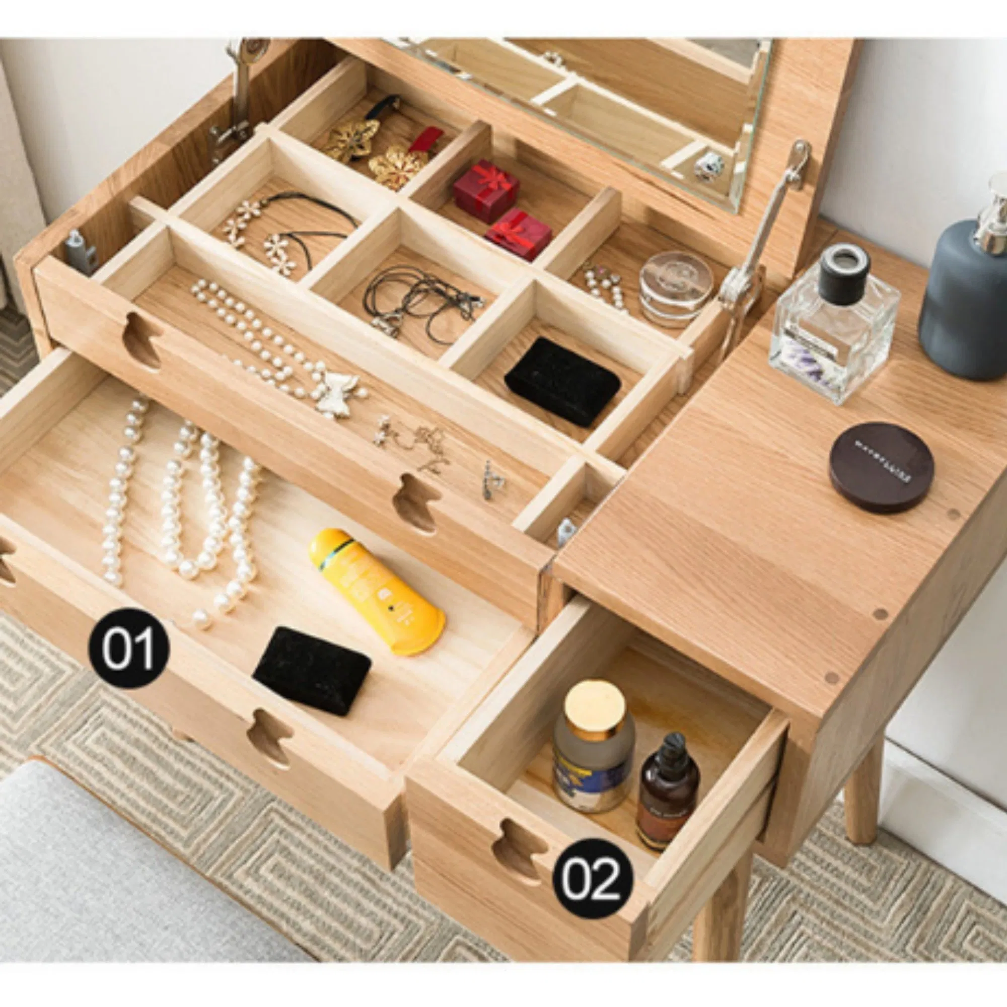 Modern Minimalist Solid Wood Dressing Table with Storage Cabinet and Makeup Mirror.