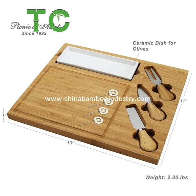 Wholesale Bamboo Cheese Board Set /Charcuterie Platter Serving Board With3 Stainless Steel Tools, 1 Ceramic Tray