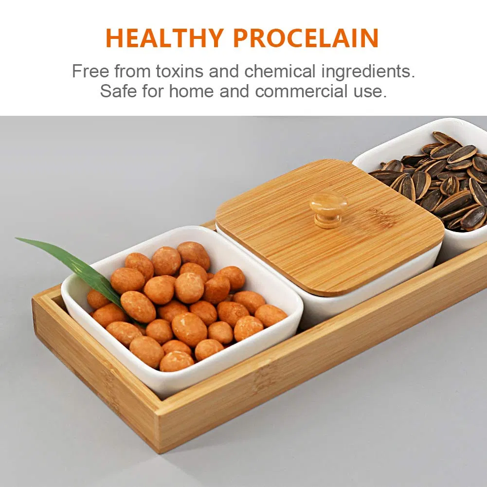 OEM Ceramic Appetizer Snack Serving Tray Compartment Ceramic Condiments Serving Platter with Bamboo Lid and Pallets for Snacks