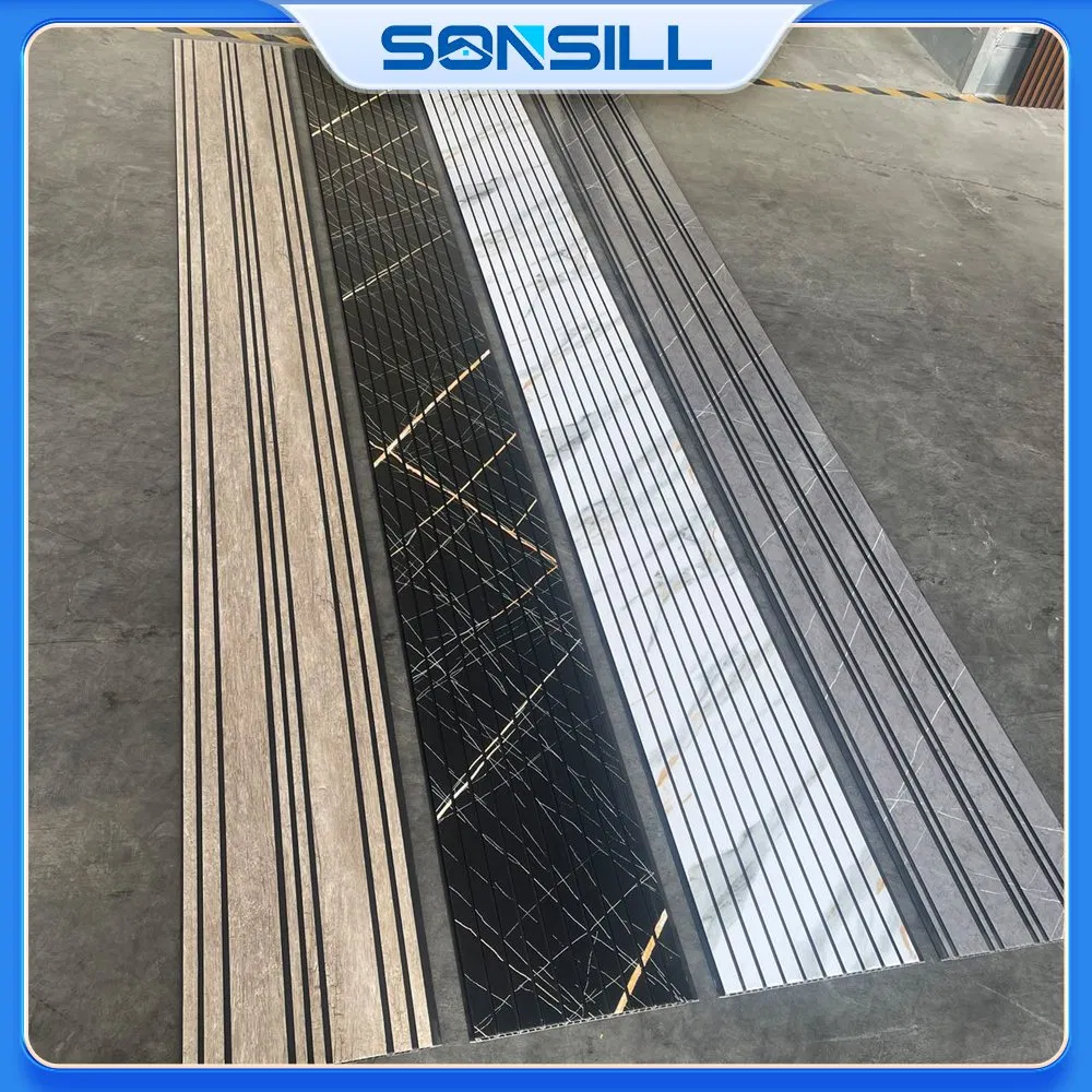 Sonsill South America Waterproof Wood Look Black Base Ceiling PVC Board Sheet Waterproof PVC Wall Panel for Wall Decor