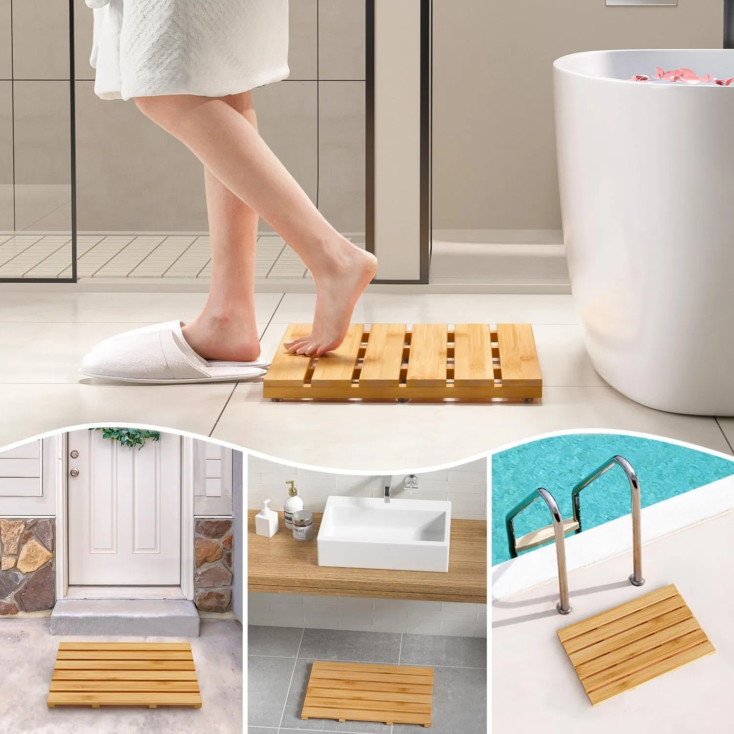 Bamboo Shower Mat with Large Waterproof Bath