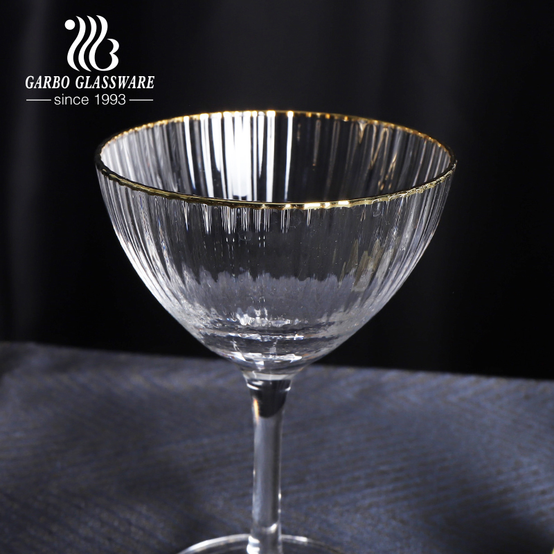Modern Gold Rim Ribbed Glass Wine Decanter Stemware Goblet Barware Ribbed Wine Glass
