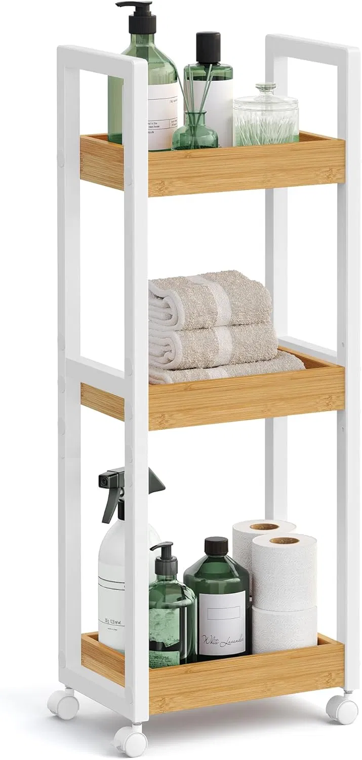 Bamboo Living Room, Bedroom, Kitchen, Bathroom, Third Floor with Swivel Wheel Bamboo Storage Rack