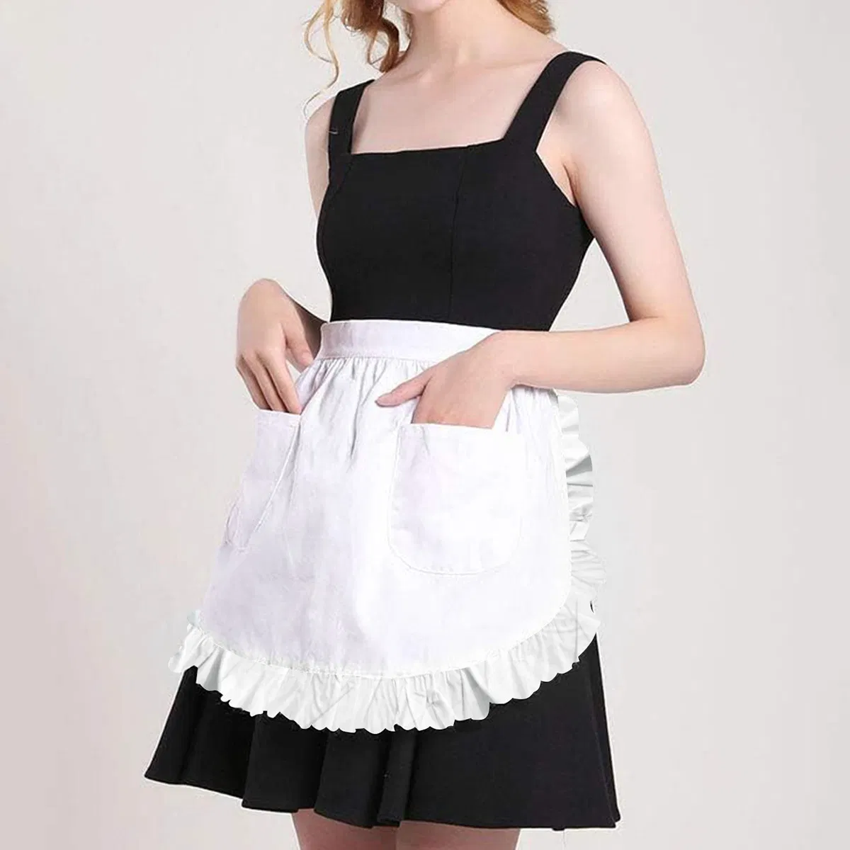 Maid Apron Home European-Style Pure White Half-Body Lotus Leaf Lace Double-Pocket Princess Apron