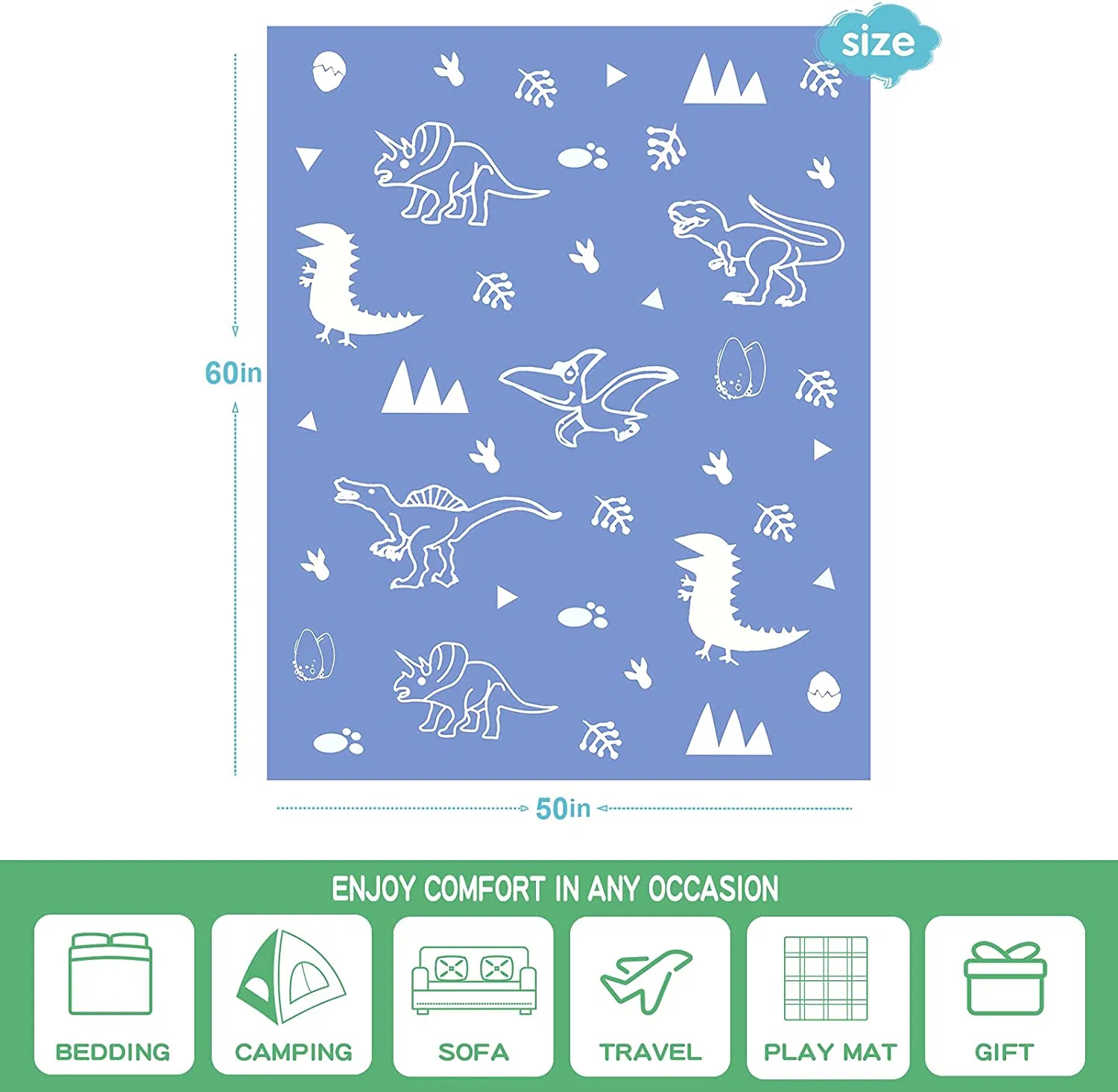 Glow in The Dark Throw Blanket for Kids 50 X 60 Inches, Cute Dinosaur Glowing Blanket with Dino Pattern for Bed Sofa Couch, Soft and Cozy Warm Cute Blankets