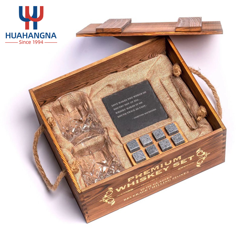 Huahang Doubled Old Fashioned 10oz Whisky Glasses and Whiskey Rocks Chilling Stones Set with Rustic Wooden Crate for Men Gift