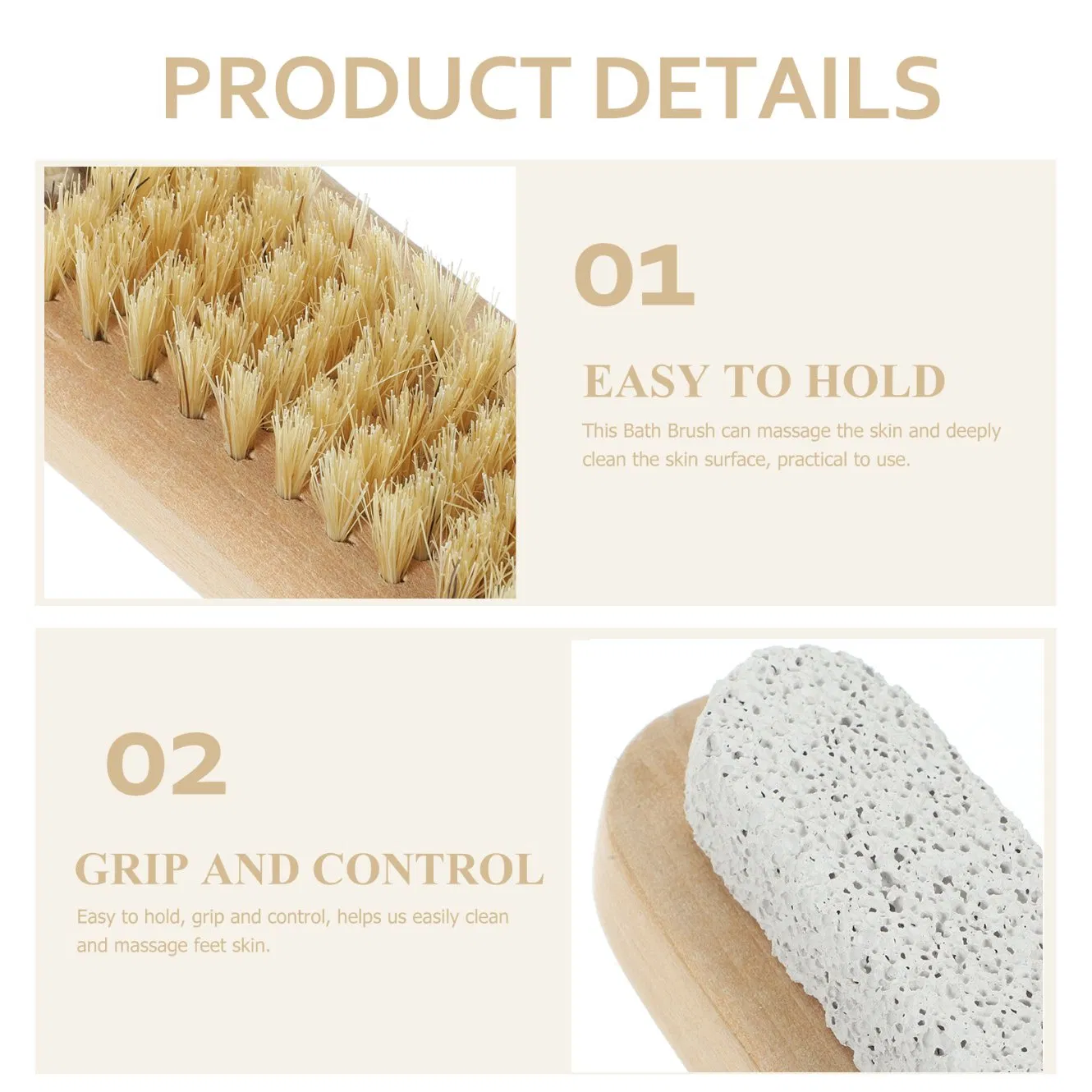Dual-Purpose Bath Body Care Wooden Boar Bristle and Pumice Double-Sided Nail Brush