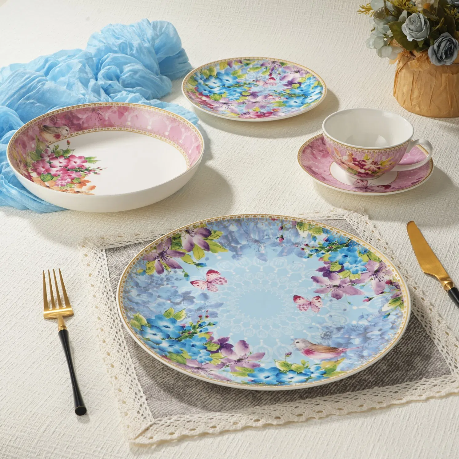 20-Piece New Floral Porcelain Kitchenware Dinner Plate Tableware Ceramic Dinnerware