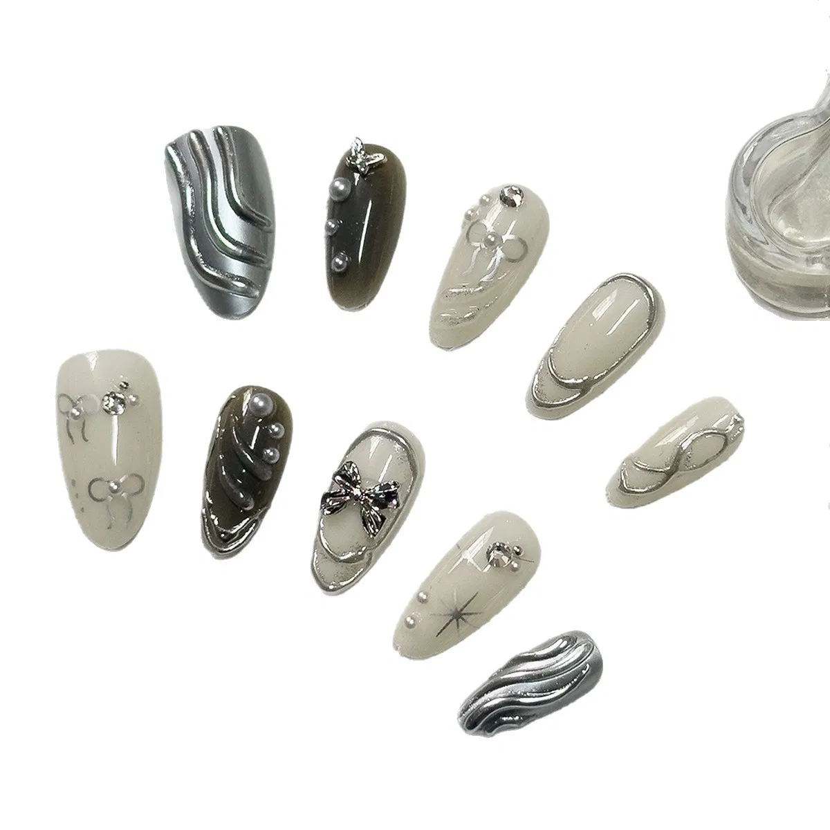 Cross-Border Hot Sale Almond Fake Nails 10PCS Textured Silver Bow Three-Dimensional Ripple Ins Style Wearable Nail Pieces