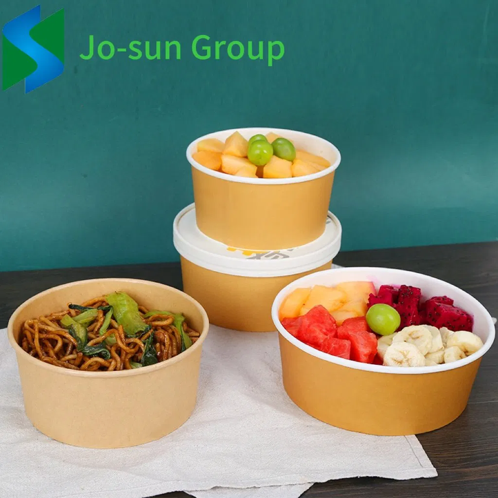 Manufacturer Custom Logo OEM Disposable Brown Packaging with Lid for Noodle Rice Hot Food Salad Soup Kraft Paper Bowl