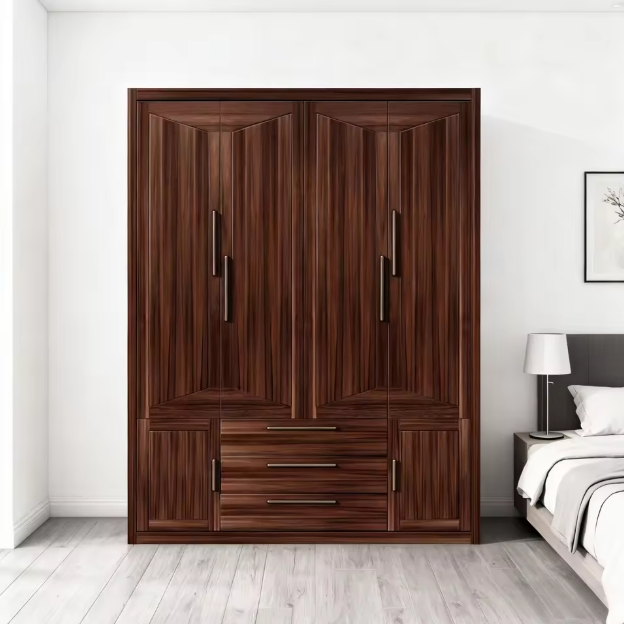 Black Walnut Wood Wardrobe Double Door Assembled Bedroom Wardrobe with Large Capacity