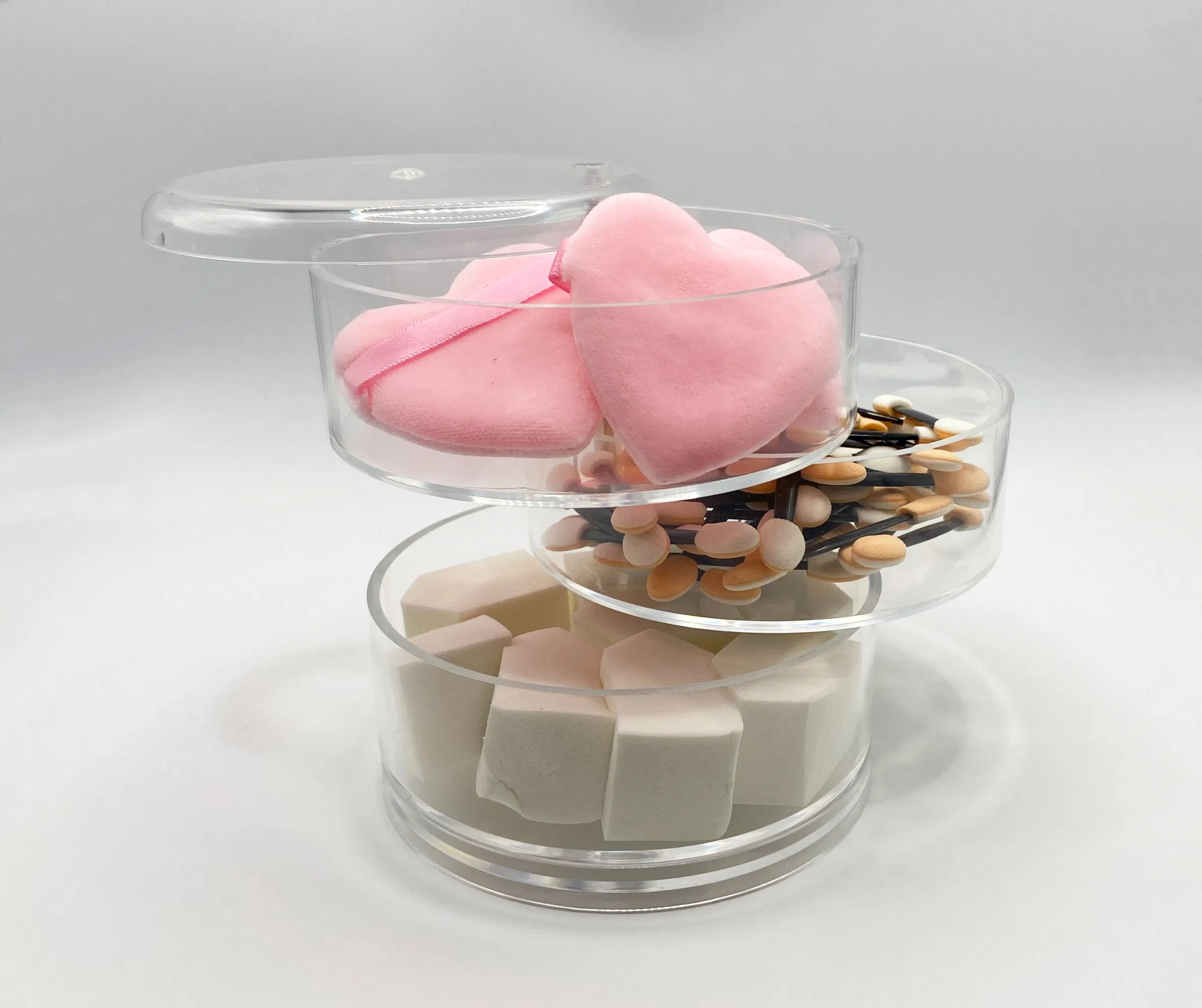 Promotional Gift Fashion 3 Tier Swivel Tray with Acrylic Makeup Powder Puff Organizer