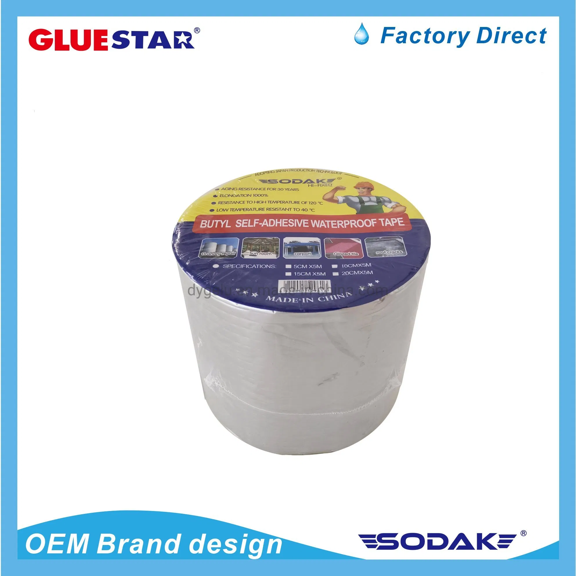 Sodak Strong Butyl Aluminum Foil Waterproof Tape Self Adhesive High Temperature Butyl Tape for Roof and Wall Cracks Repair