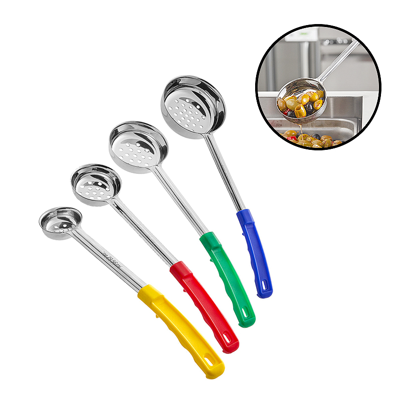 Buffet Restaurant Metal Serving Spoon Plastic Handle Perforated Portion Spoon