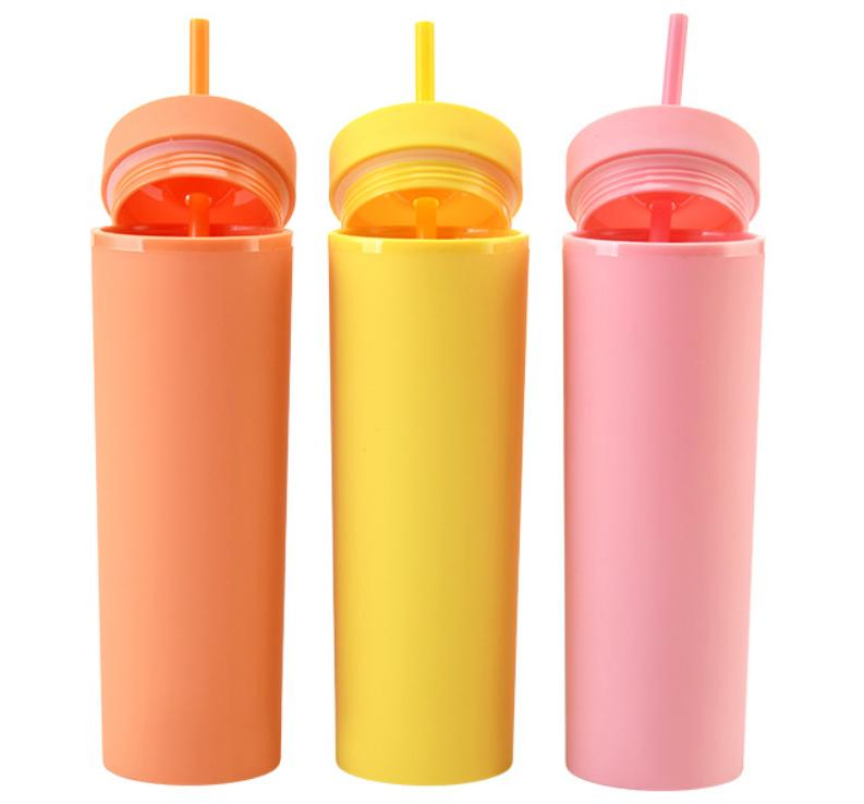 Colorful Double Wall 16oz Skinny Frosted BPA Free Tumbler Straw Plastic Water Bottle
