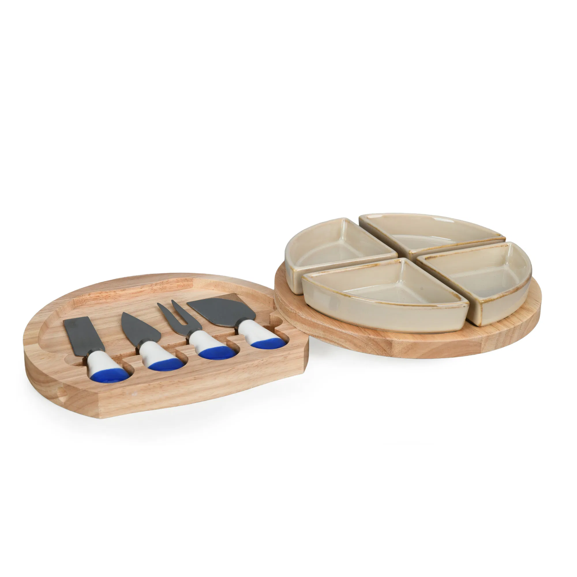 Elegant Ceramic Divided Serving Set Plates with Bamboo Tray Knife and Fork
