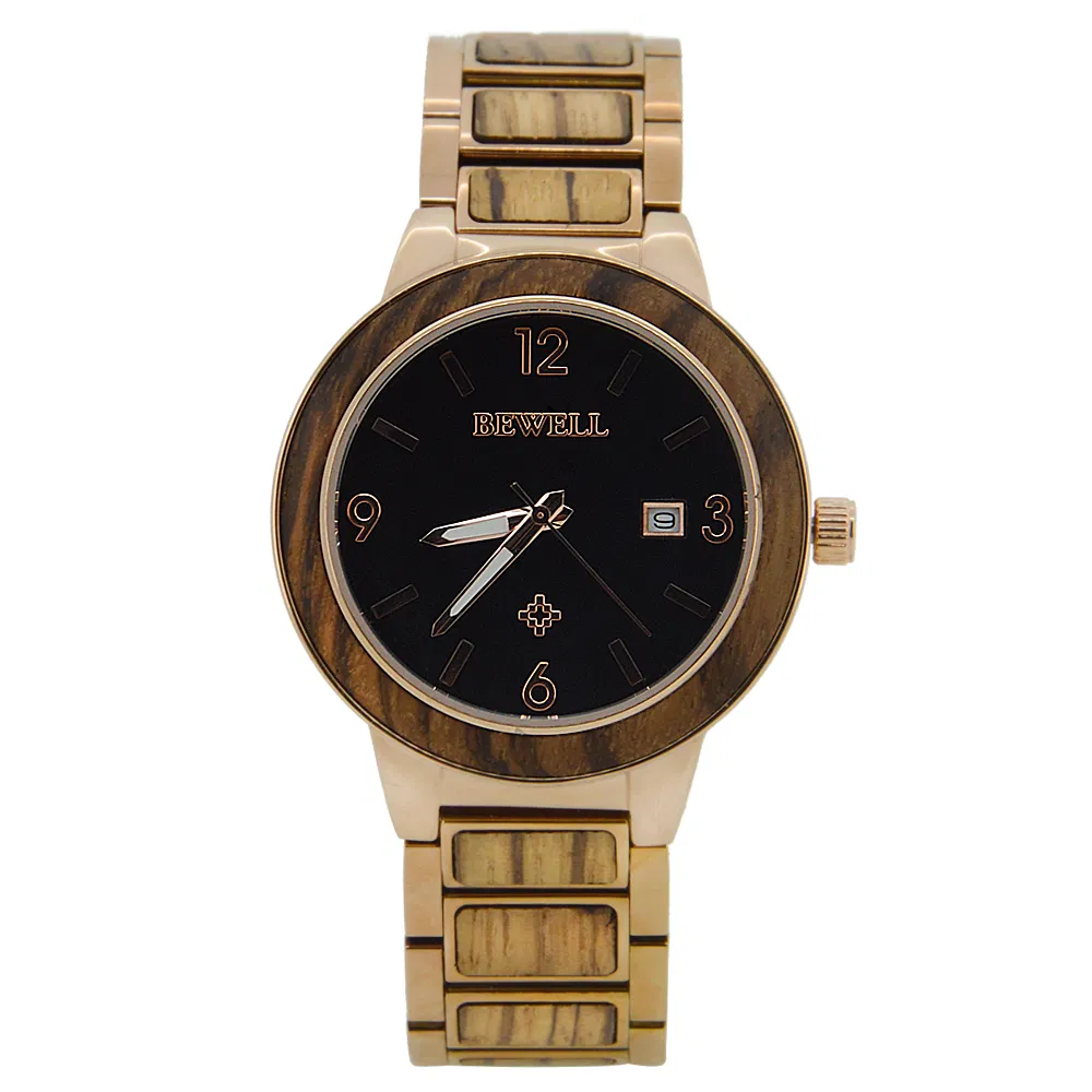 Bewell Fashion Gift Metal with Natural Wood Auto Date Sunray Dial Men Wrist Wood Watch