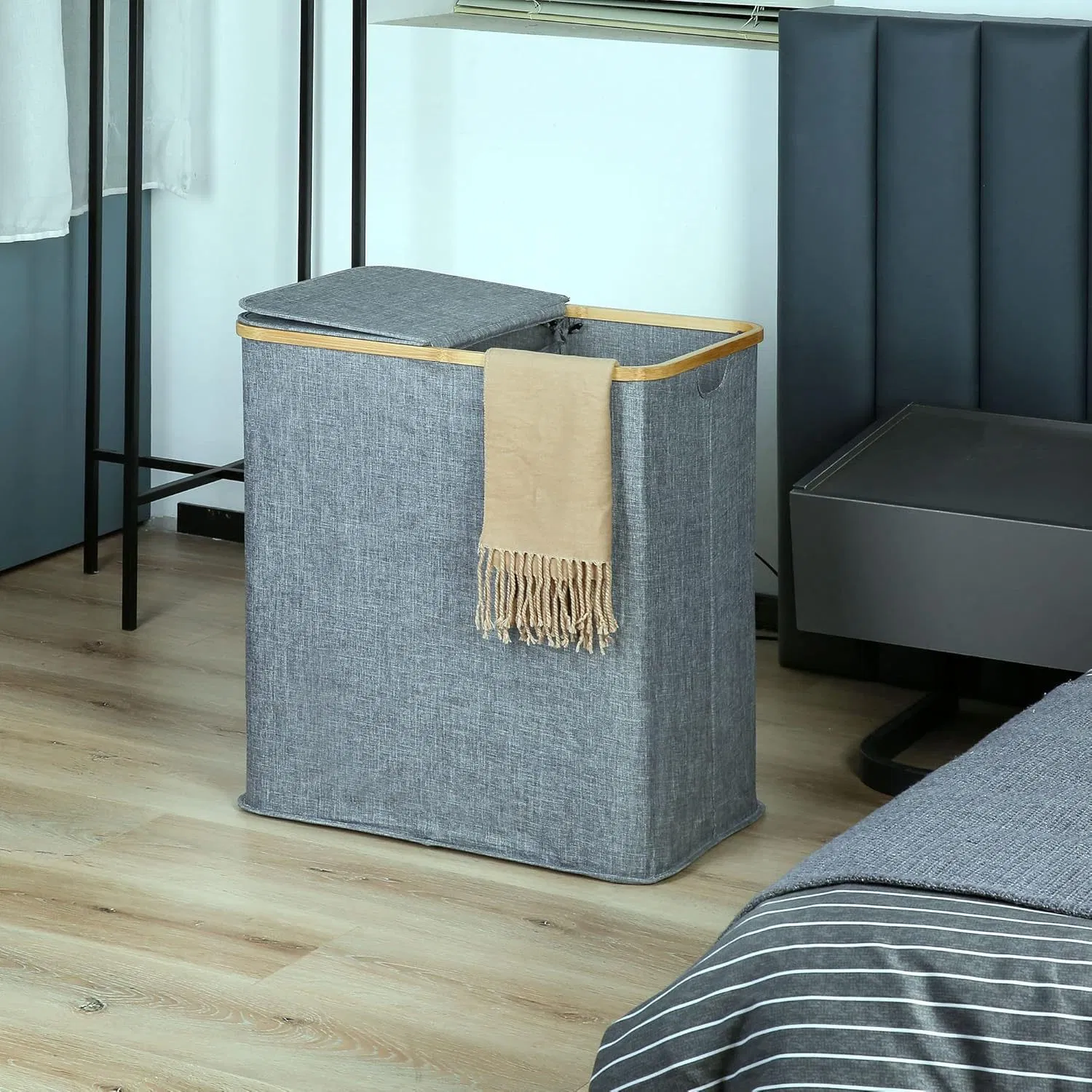 Super-Large Capacity Foldable Storage Basket, Covered Dirty Clothes Basket, Bamboo Oxford Cloth Laundry Basket